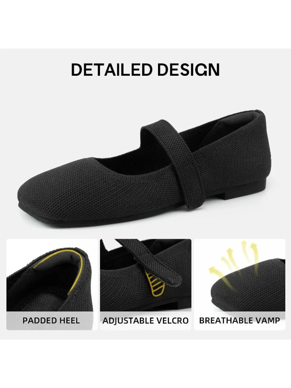 Women's Black Rubber Knit Wide Toe Adjustable Straps Flat Slip On Comfort Shoes